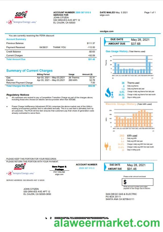 USA California San Diego Gas & Electric (SDG&E) utility bill template in Word and PDF format
